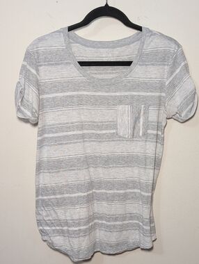 A.N.A. Gray + White Striped T-shirt with Cuffed Sleeves, Pocket Women's Size S